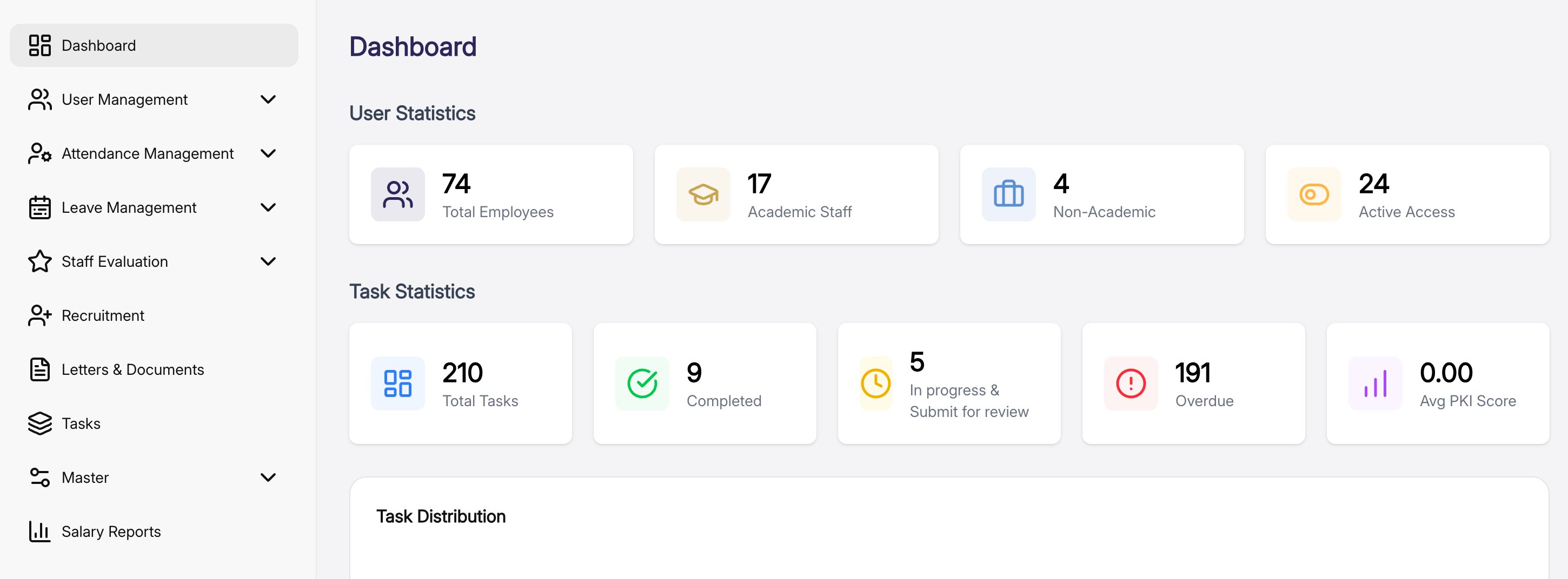 MOUNTSMY school management dashboard with user and task statistics