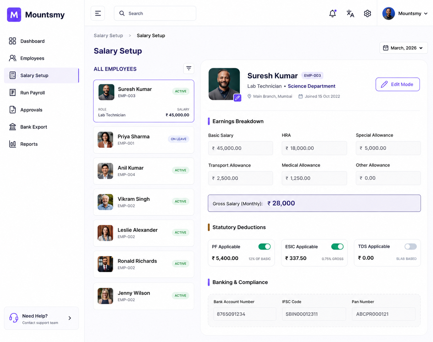 MOUNTSMY salary setup — employee list with earnings breakdown, statutory deductions and banking compliance