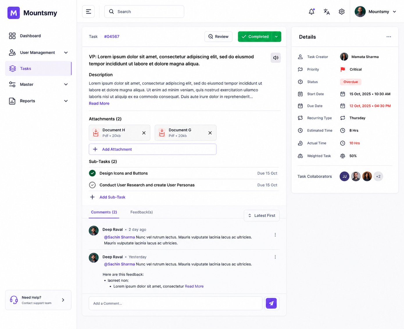 MOUNTSMY task management detail view — task #04567 with sub-tasks, comments, and details panel